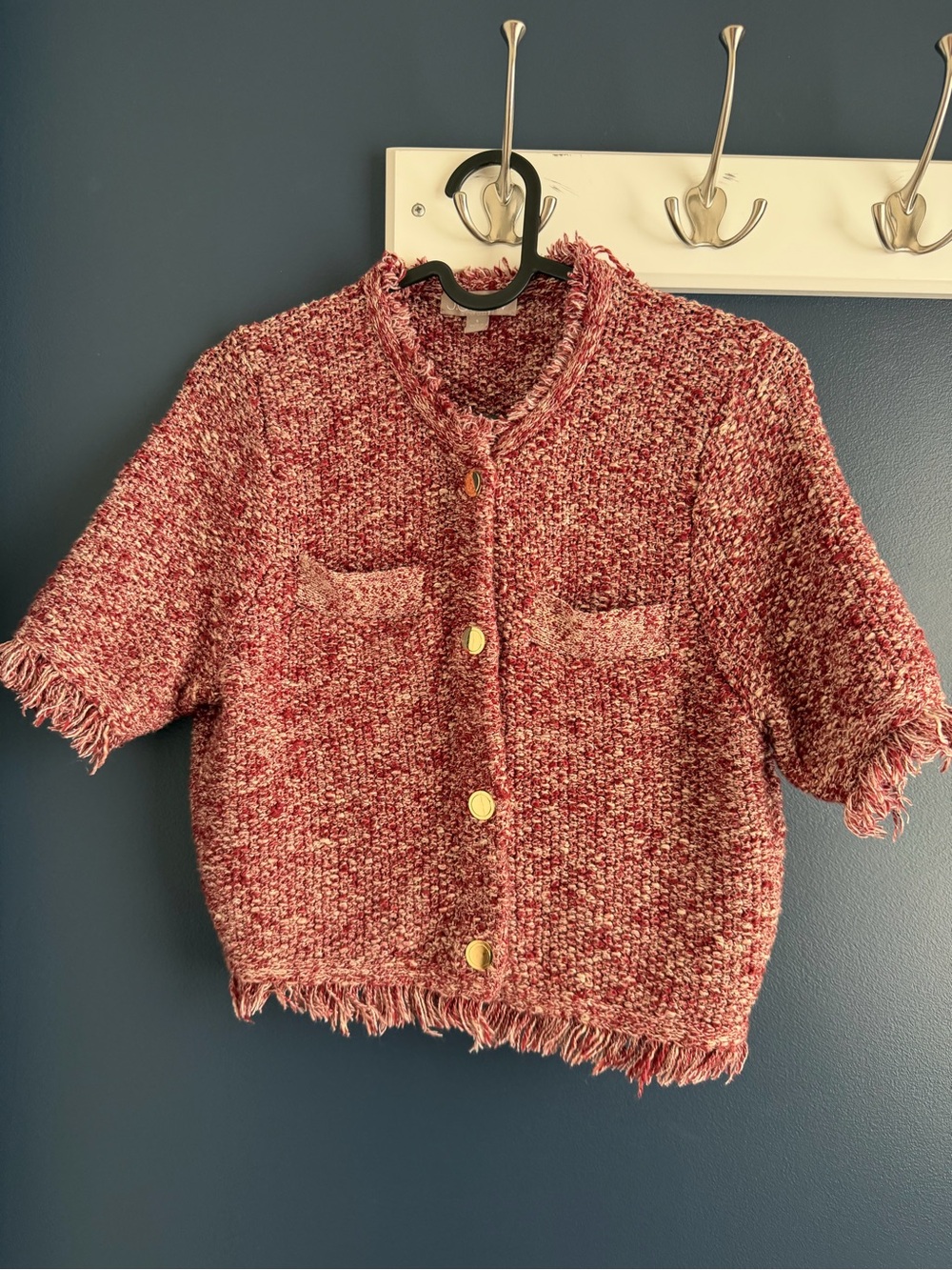 J. Crew Red-Pink Tweed Fringe Short-Sleeve Cardigan